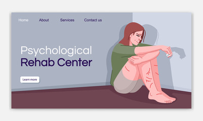 Sticker - Psychological rehab center landing page vector template. Self harm addiction website interface idea with flat illustrations. Pain obsession homepage layout. Web banner, webpage cartoon concept