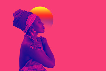 Retro wave, neon vapor wave portrait of African young woman with ethnic headwrap. Blue and pink duotone.