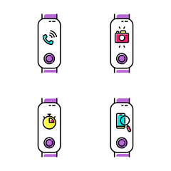 Sticker - Fitness tracker and smartphone synchronization color icons set. Incoming call and lost phone location option. Distance camera access and stopwatch pictograms. Isolated vector illustrations