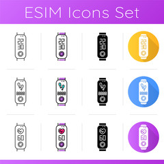 Poster - Fitness tracker health monitoring icons set. Linear, black and color styles. Wellness gadget with heart rate monitoring and clock. Step counter pictogram. Isolated vector illustrations