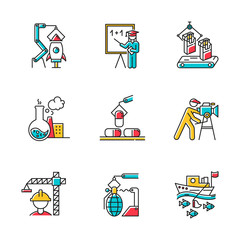 Wall Mural - Industry types color icons set. Aerospace, education, tobacco, chemical, pharmaceutical, filmmaking, construction, arms production, fishing business sectors. Isolated vector illustrations