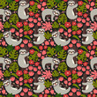 Seamless background with Sloth on the branch. Vector illustration of leaves, flowers and cute bear on black. Floral and animal pattern.