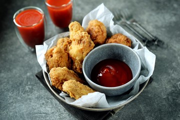 Delicious homemade deep fried breaded chicken wings with tomato sauce on a gray background. Unhealthy fast food.