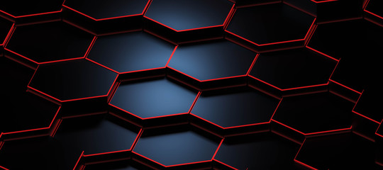 Wall Mural - Electric futuristic surface hexagon pattern with coloured red rays 3D Rendering Illustration