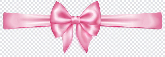 Wall Mural - Beautiful pink bow with horizontal ribbon with shadow on transparent background. Transparency only in vector format