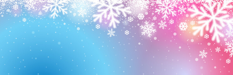Wall Mural - Blue pink christmas banner with white blurred snowflakes. Merry Christmas and Happy New Year greeting banner. Horizontal new year background, headers, posters, cards, website. Vector illustration