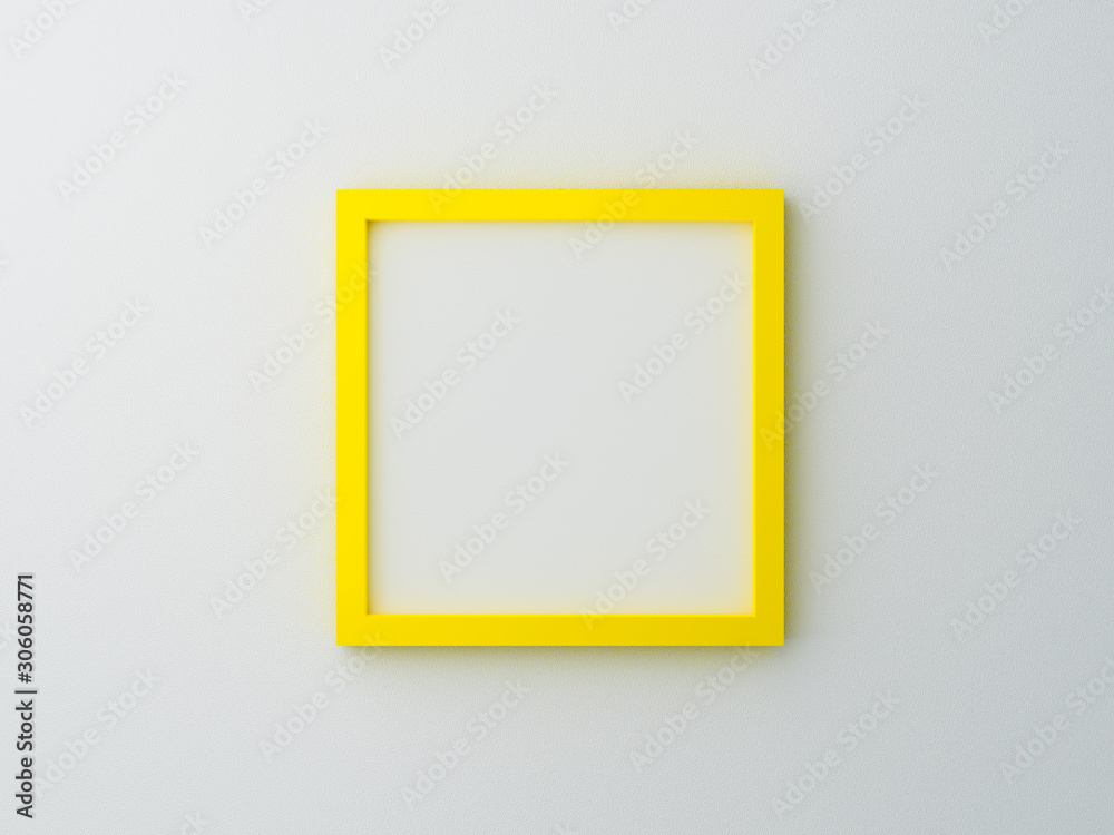 Yellow blank photo frame template on wall texture in gallery. 3d render ...