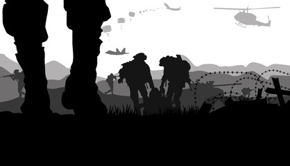 Sticker - Military vector illustration, Army background, soldiers silhouettes.