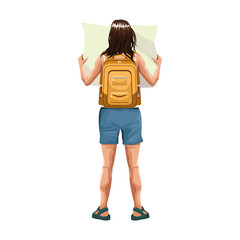 Wall Mural - woman back with map and backpack icon
