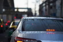 Water Frost And Dropets On Rear Wind Shield Of Sedan Car On Rainy Season