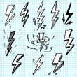 set of hand drawn vector doodle electric lightning bolt symbol sketch illustrations. thunder symbol doodle icon .