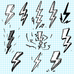 Wall Mural - set of hand drawn vector doodle electric lightning bolt symbol sketch illustrations. thunder symbol 