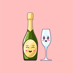 Wall Mural - Cartoon kawaii Champagne with Smile and Smiling eyes. Cute Champagne bottle with Wineglass