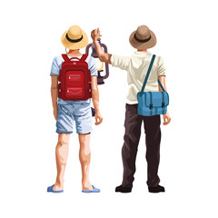 Wall Mural - men backs with camping backpacks and hats icon
