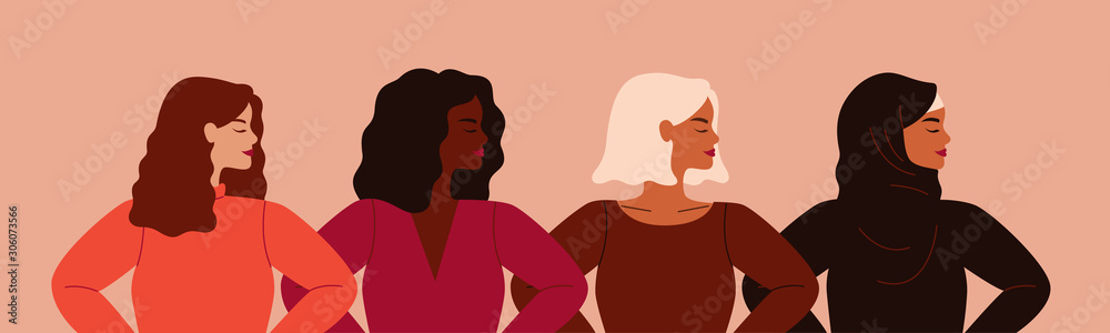 Four women of different nationalities and cultures standing together. Women's friendship, union of feminists or sisterhood. The concept of the female's empowerment movement. - obrazy, fototapety, plakaty 