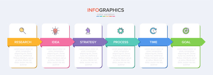 Concept of arrow business model with 6 successive steps. Six colorful graphic elements. Timeline design for brochure, presentation. Infographic design layout