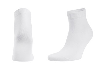 Blank white cotton medium socks on invisible foot isolated on white background as mock up for advertising, branding, design, back and side view, template.