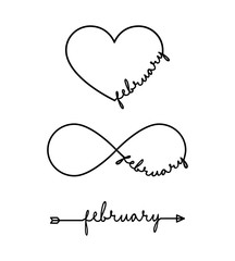 Wall Mural - February - word with infinity symbol, hand drawn heart, one black arrow line. Minimalistic drawing of phrase illustration