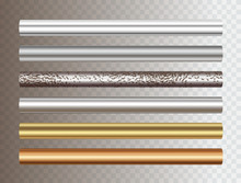 Pipe Set Isolated On Transparent Background. Chrome, Steel, Golden, Copper And Rusty Iron Profile Elements. Vector Cylinder Metal Tubes.