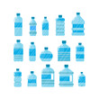 Plastic bottle water set. Blue drinking water packaged in PET Bottle, recyclable and easy to store liquids. Vector flat style cartoon illustration isolated on white background