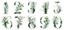 Numbers Set With Watercolor Green Leaf. Perfectly For Wedding, Birthday Invitation, Greeting Card, Logo And Other Floral Design. Hand Painting. Isolated On White Background.
