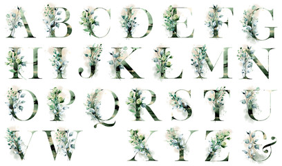 floral alphabet, letters set with watercolor leaf. monogram initials perfectly for wedding invitatio