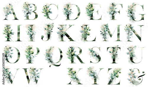 Fotomural Floral alphabet, letters set with watercolor leaf