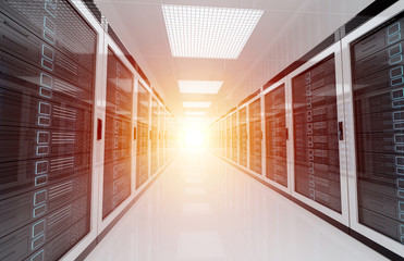 Poster - white servers data center room with bright halo light through the corridor 3d rendering