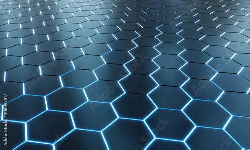 Glowing black and blue hexagons background pattern on silver metal surface 3D...