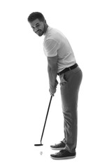 Sticker - Black and white portrait of handsome male golfer isolated on white