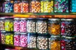 colorful sweet candy on display in jars in storefront