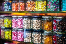 Colorful Sweet Candy On Display In Jars In Storefront