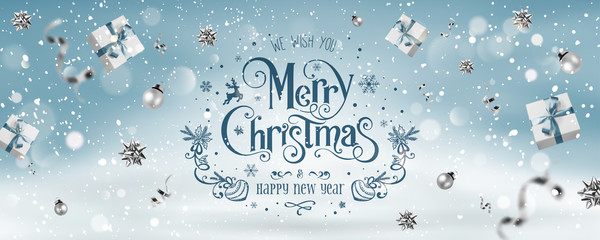 silver christmas and new year text on blue xmas background with flying gift boxex, silver ribbon, de