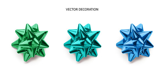 Set of bows green and blue color metallic with shadow on isolated white background. Realistic vector decoration for holiday.