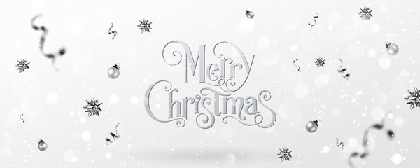 Wall Mural - Silver Christmas and New Year Text on white Xmas background with flying gift boxex, silver ribbon, decoration, sparkles, confetti, bokeh. Merry Christmas card. Vector Illustration, realistic vector