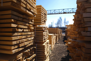 Wood timber in the sawmill. Piles of wooden boards in the sawmill. 