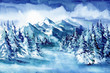 © Hanna - Amazing athmospheric Landscape. Winter mountains watercolor painting, hand drawing, spruce forest in the snow