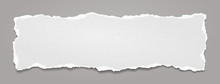 Piece Of Torn, White Realistic Grainy Horizontal Paper Strip With Soft Shadow Is On Grey Background. Vector Illustration