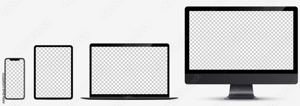 Device screen mockup. Smartphone, tablet, laptop and monoblock monitor, with blank screen for you design. Vector EPS10 - obrazy, fototapety, plakaty 