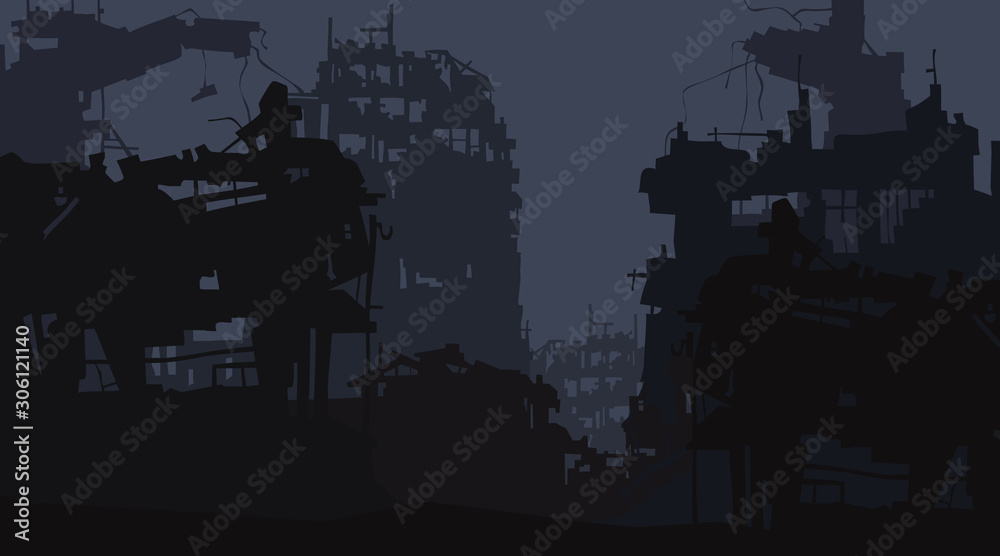 cartoon background of the ruins of the city of post apocalypse - obrazy, fototapety, plakaty 