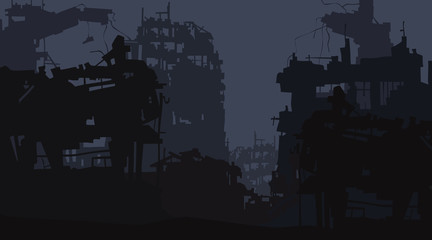 cartoon background of the ruins of the city of post apocalypse