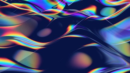 Sticker - Abstract 3d animation with moving glass waves and with rainbow reflection on the black background. Bright colors, modern trendy design. 4k loop video.