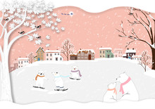 Vector Cute Winter Landscape With Lettering Merry Christmas With Polar Bear Family, Snow Covered House And Birds Standing On Branches Tree. Minimal Flat Design For Holiday Background
