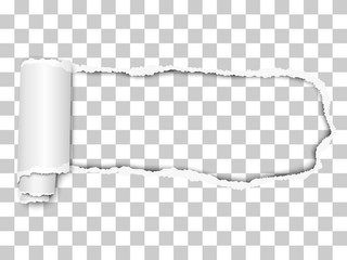 Wall Mural - Elongated torn hole from right to left in transparent sheet of paper with soft shadow and paper cur. Vector paper template illustration.