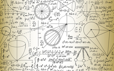 scientific vector seamless pattern with handwritten math formulas, figures and equations, old paper 