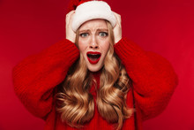 Screaming Caucasian Woman Wearing Christmas Hat.