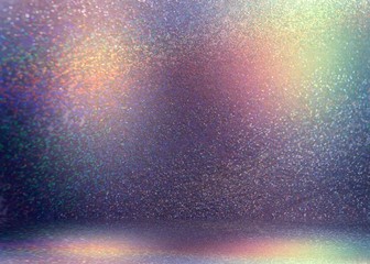 Shimmer spectrum colorful 3d background. Magical glitter studio. Bright flare on dark wall and floor. Purple violet pink yellow gradient. Sparkles crystal pattern.