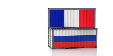 Two freight container with Russia and France flag. Isolated on white - 3D Rendering