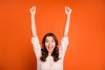 Wall Mural - portrait of crazy cheerful girl hear lottery win news she expect desire dream scream yeah raise fist