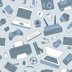 Fototapete - Electronic devices background - Vector color seamless pattern of technique and computer for graphic design